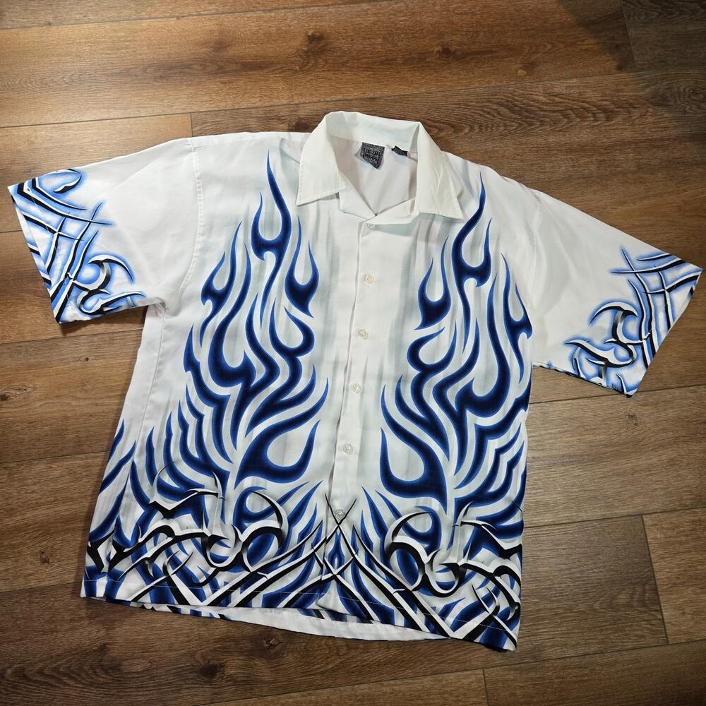 Authentic Shaolin Shirt Mens L White Blue Flame Button Up Short Sleeve Y2K Style - Picture 1 of 8